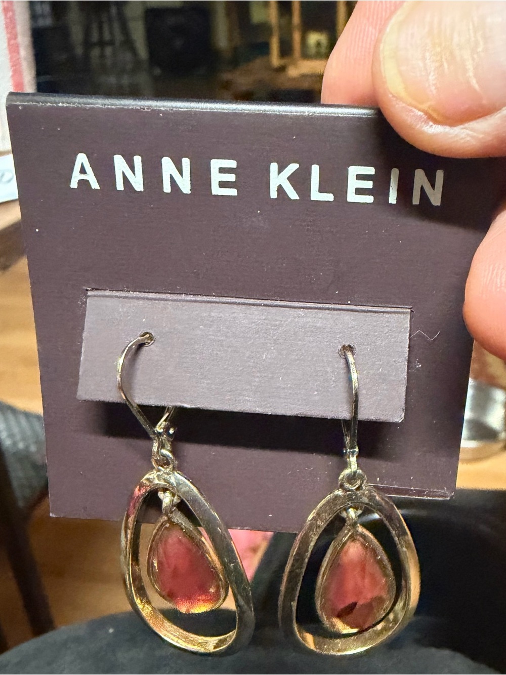 Anne Klein Gold Dangle Earrings with Pink Stones
